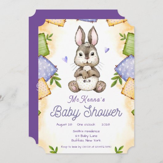 かわいいウサギの女の子の赤ちゃんシャワー 招待状 (正面/裏面)