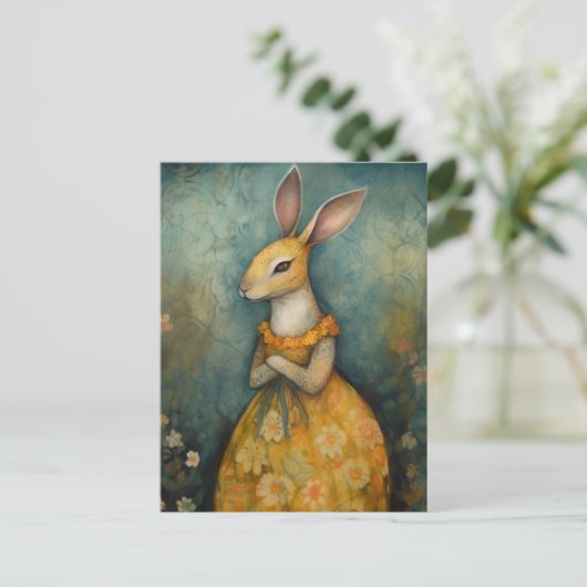 かわいいウサギの姿を黄色いフローラ ポストカード (スタンド正面)