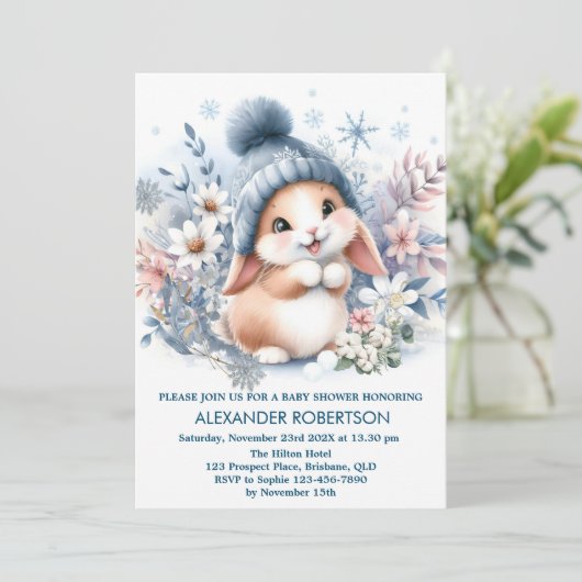 かわいいウサギの少年　冬の森をテーマにした水彩画 招待状 (スタンド正面)