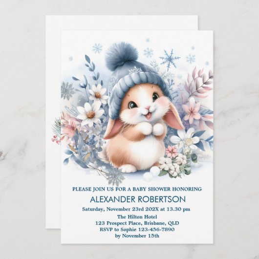 かわいいウサギの少年　冬の森をテーマにした水彩画 招待状 (正面/裏面)