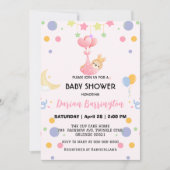 かわいいウサギの星風船ベビーシャワーパーティーの女の子たち 招待状 (正面)