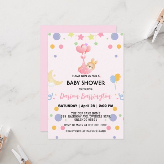 かわいいウサギの星風船ベビーシャワーパーティーの女の子たち 招待状 (正面/裏面インサイチュ)
