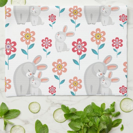 かわいいウサギの母親とバニー、花のパターン キッチンタオル (折り畳み)