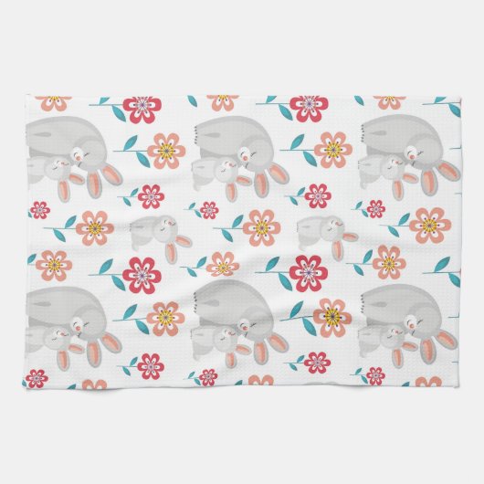 かわいいウサギの母親とバニー、花のパターン キッチンタオル (横)