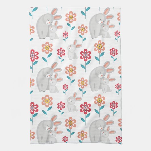 かわいいウサギの母親とバニー、花のパターン キッチンタオル (縦)