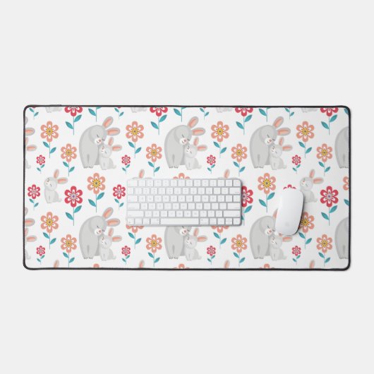 かわいいウサギの母親とバニー、花のパターン デスクマット (キーボード&マウス)
