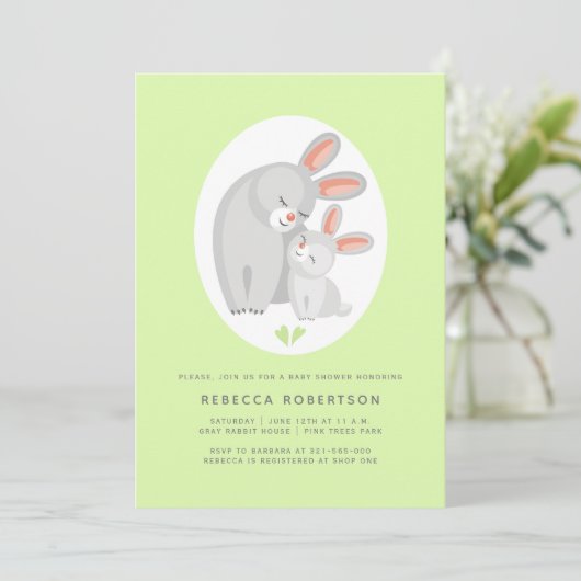 かわいいウサギの母親、バニー淡い色のグリーン赤ちゃんシャワー 招待状 (スタンド正面)