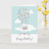 かわいいウサギの気球の誕生日 カード (黄色い花)