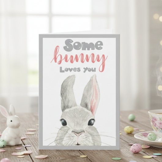 かわいいウサギの水彩画がのぞいているよ「Somebunny Loves You Bunny」 カード