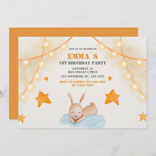 かわいいウサギの水色ベビーファーストバースデーパーティー 招待状 (正面/裏面)