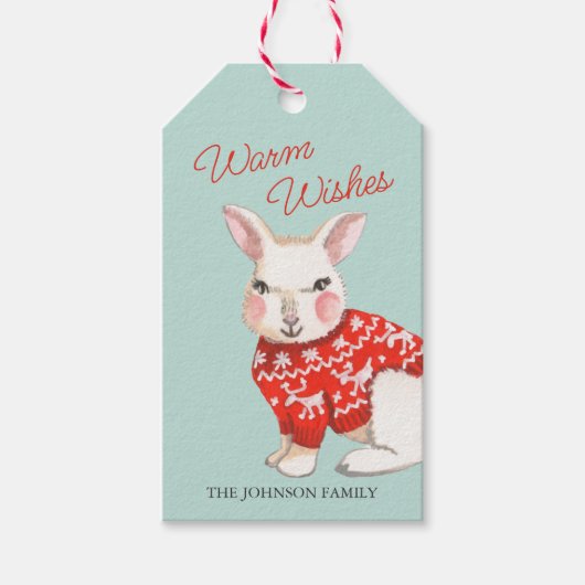 かわいいウサギの温かい願いクリスマスパーソナライズされた ギフトタグ (正面)