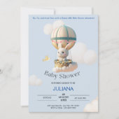 かわいいウサギの熱気球ブルーベビーシャワー 招待状 (正面)