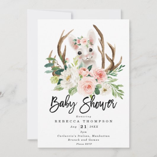 かわいいウサギの田舎者のフローラモダンシャワー 招待状 (正面)