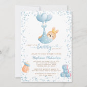 かわいいウサギの男の子と本のリクエスト ベビーシャワーのお知らせ 招待状 (正面)