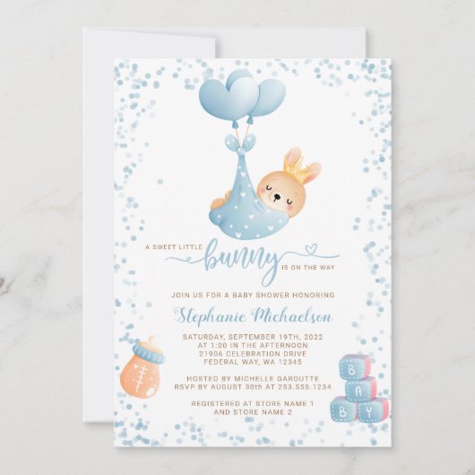 かわいいウサギの男の子と本のリクエスト ベビーシャワーのお知らせ 招待状 (正面)