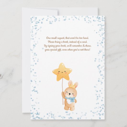 かわいいウサギの男の子と本のリクエスト ベビーシャワーのお知らせ 招待状 (裏面)