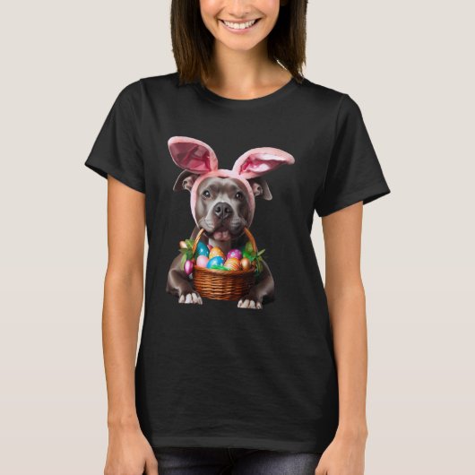 かわいいウサギの耳のピットブル犬イースターエッグのオーナー Tシャツ (正面)
