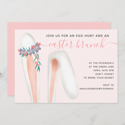 かわいいウサギの耳ピンクのブランチ卵の狩りイースター 招待状 (正面/裏面)