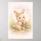 かわいいウサギの花かごを持つイラスト ニュートラルな子供部屋 ポスター (正面)