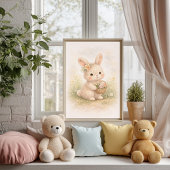 かわいいウサギの花かごを持つイラスト ニュートラルな子供部屋 ポスター