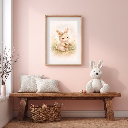 かわいいウサギの花かごを持つイラスト ニュートラルな子供部屋 ポスター