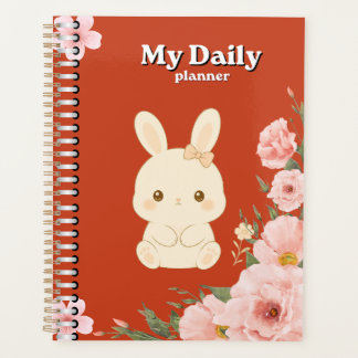 かわいいウサギの花のデイリープランナー | ピンクの水彩画 プランナー手帳
