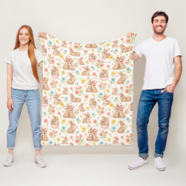 かわいいウサギの花柄スプリングパターン フリースブランケット