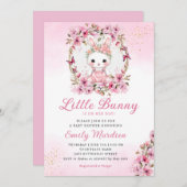 かわいいウサギの花柄ピンクのベビーシャワーガール 招待状 (正面/裏面)