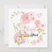 かわいいウサギの花 白 ピンク 女の子 赤ちゃんのお祝い 招待状 (正面)