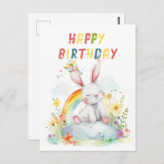 かわいいウサギの虹色のカラフルなハッピーバースデー ポストカード (正面/裏面)