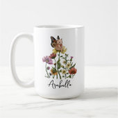 かわいいウサギの蝶の花の名前のイラスト コーヒーマグカップ (左)
