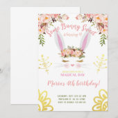 かわいいウサギの誕生日招待状 ゴールドフラワー 招待状 (正面/裏面)
