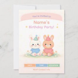 かわいいウサギの誕生日招待状 | パステル調の子供向け誕生日 招待状