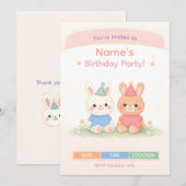 かわいいウサギの誕生日招待状 | パステル調の子供向け誕生日 招待状 (正面/裏面)