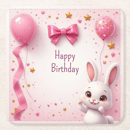 かわいいウサギの赤ちゃんのお誕生日おめでとう🐰 スクエアペーパーコースター (正面)
