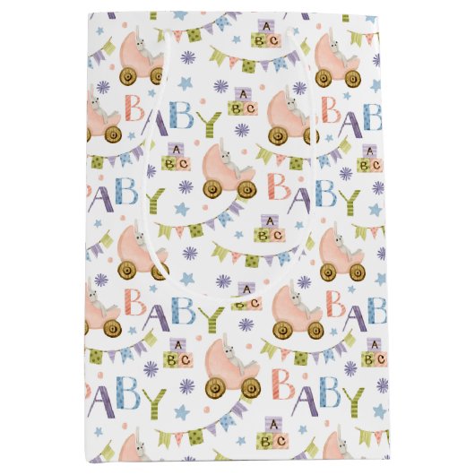 かわいいウサギの赤ちゃんシャワー ミディアムペーパーバッグ (正面)