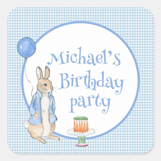 かわいいウサギの青い誕生日パーティー スクエアシール (正面)