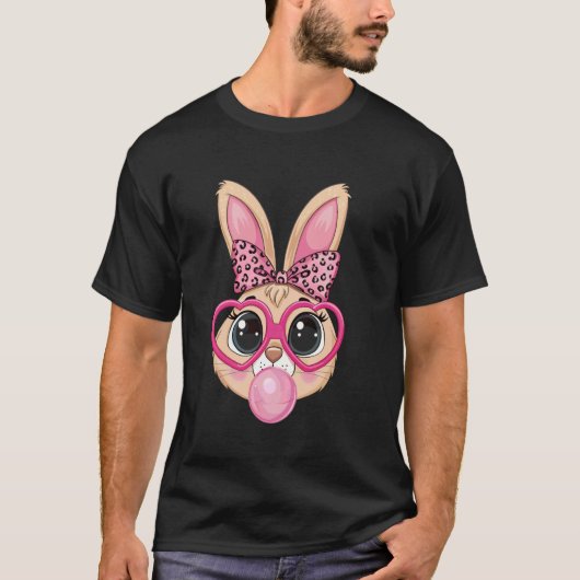 かわいいウサギの顔のピンクメガネヒョウ柄リボン Tシャツ (正面)