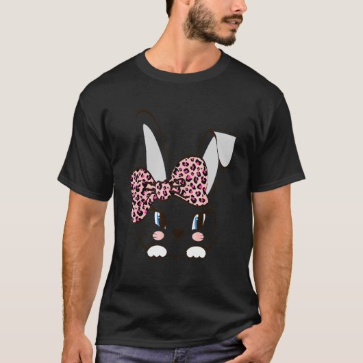 かわいいウサギの顔 ピンクのヒョウ柄ヘアバンド イースター Tシャツ (正面)