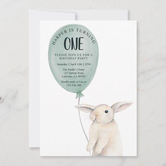 かわいいウサギの風船の誕生日 招待状 (正面)