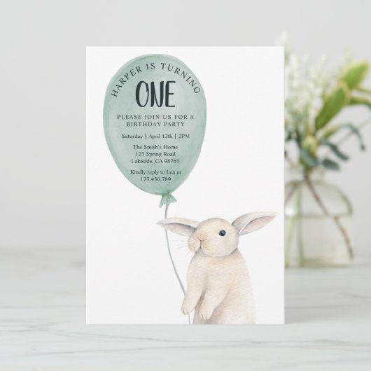 かわいいウサギの風船の誕生日 招待状 (スタンド正面)