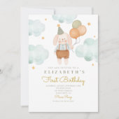 かわいいウサギの風船 1歳の誕生日 招待状 (正面)