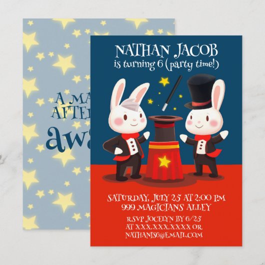 かわいいウサギの魔術師たちがステージで魔法の誕生日 招待状 (正面/裏面)