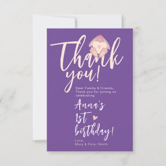 かわいいウサギの パステルピンクとパープルの1歳誕生日パーティー サンキューカード (正面)