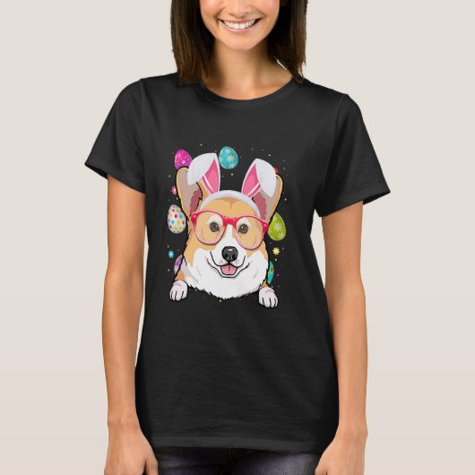 かわいいウサギコーギーの犬の顔イースターエッグイースターのお祝い Tシャツ (正面)