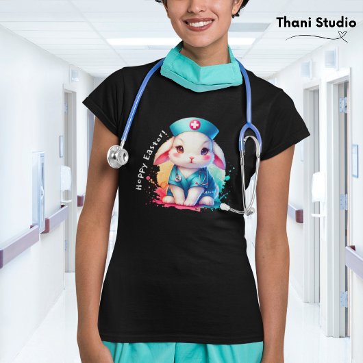 かわいいウサギナースホッピイースター&名前をカスタムするブラック Tシャツ