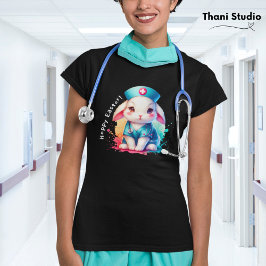 かわいいウサギナースホッピイースター&名前をカスタムするブラック Tシャツ