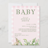 かわいいウサギピンクのギンガムベビーガールシャワーインビタット 招待状 (正面)