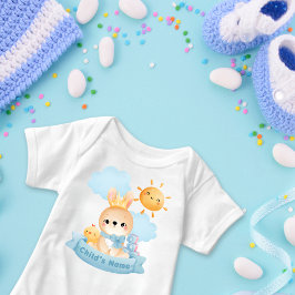 かわいいウサギベビー、クラウン、ブルーブロック、シックカスタム ベビーボディスーツ