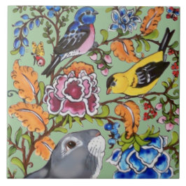 かわいいウサギ壁画フローラグリーンバックグラッドトップハーフ タイル